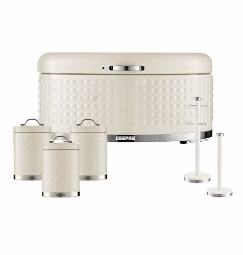 Geepas Argyle 6 Piece Kitchen Storage Set in Cream, including Bread Bin, Airtight Canisters, Mug Tree and Towel Pole – 4