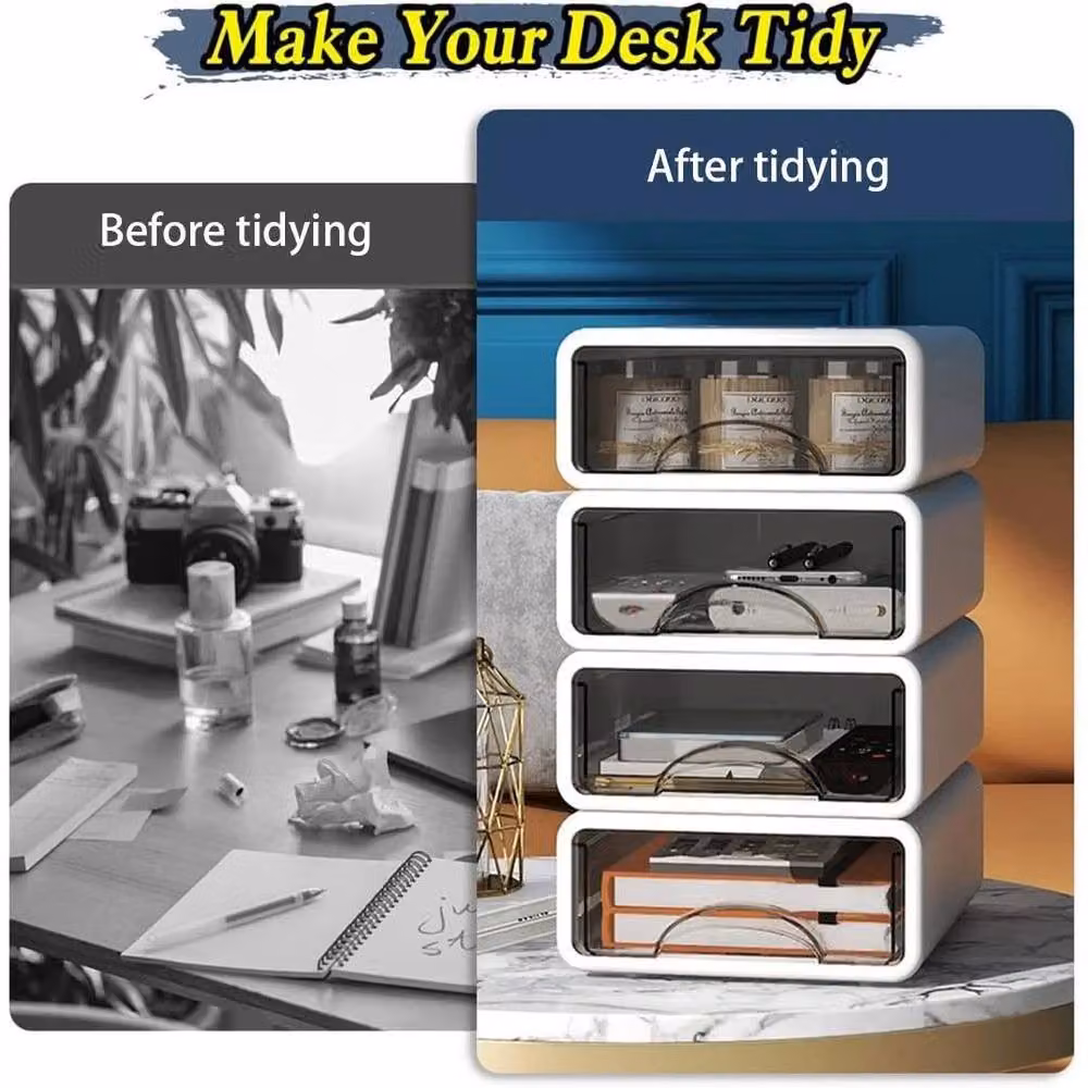 PAWNORA 4 Tier Stackable Desk Storage Box, White and Transparent Plastic Drawers – 3