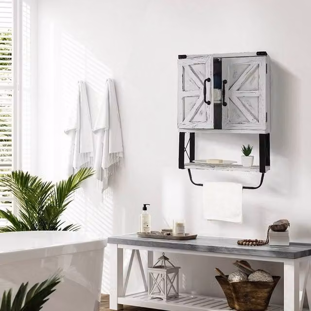 EONLION White Wall Mounted Bathroom and Hallway Storage Cabinet with Hinged Doors and Open Shelf – 1