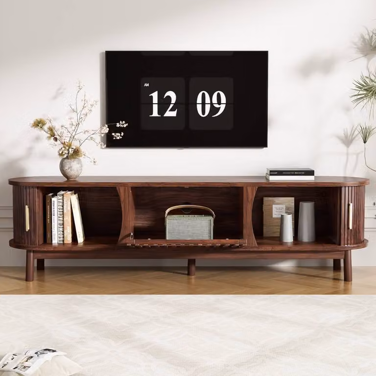 BTM Oval TV Stand with Sliding and Pull-Down Doors in Brown Glossy Finish, W/D/H: 165 x 46 x 46 cm