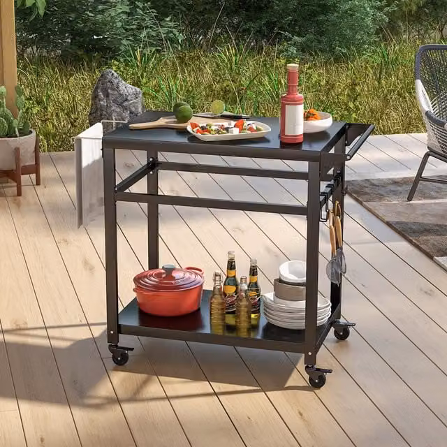 COSTWAY Portable Dining Cart BBQ Trolley in Matt Black Metal
