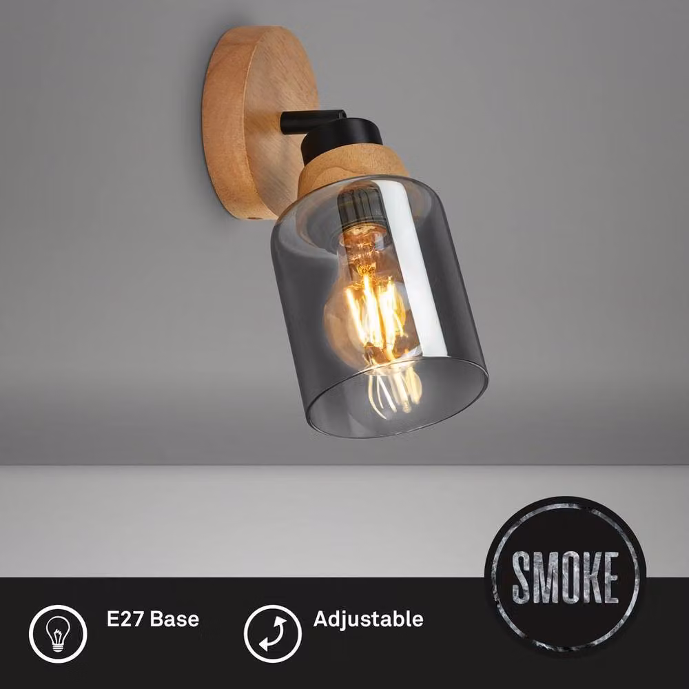 Briloner Black and Wood Adjustable E27 Wall Light with Glass Cylinder Spotlight for Reading in the Hallway, Bedroom or Living Room – 2