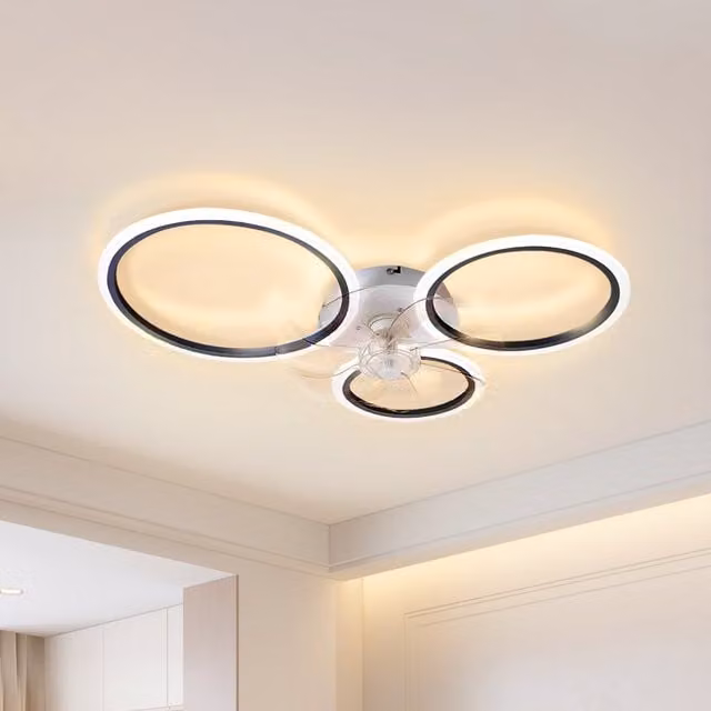 Livingandhome RGB 3-Circle LED Ceiling Fan Light with Remote Control and Timer in Black and Transparent