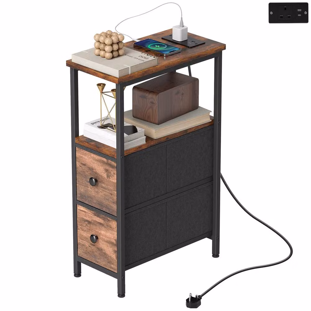STILVORA Industrial Bedside Table with Charging Station and 2 Drawers in Dark Brown and Black – 5