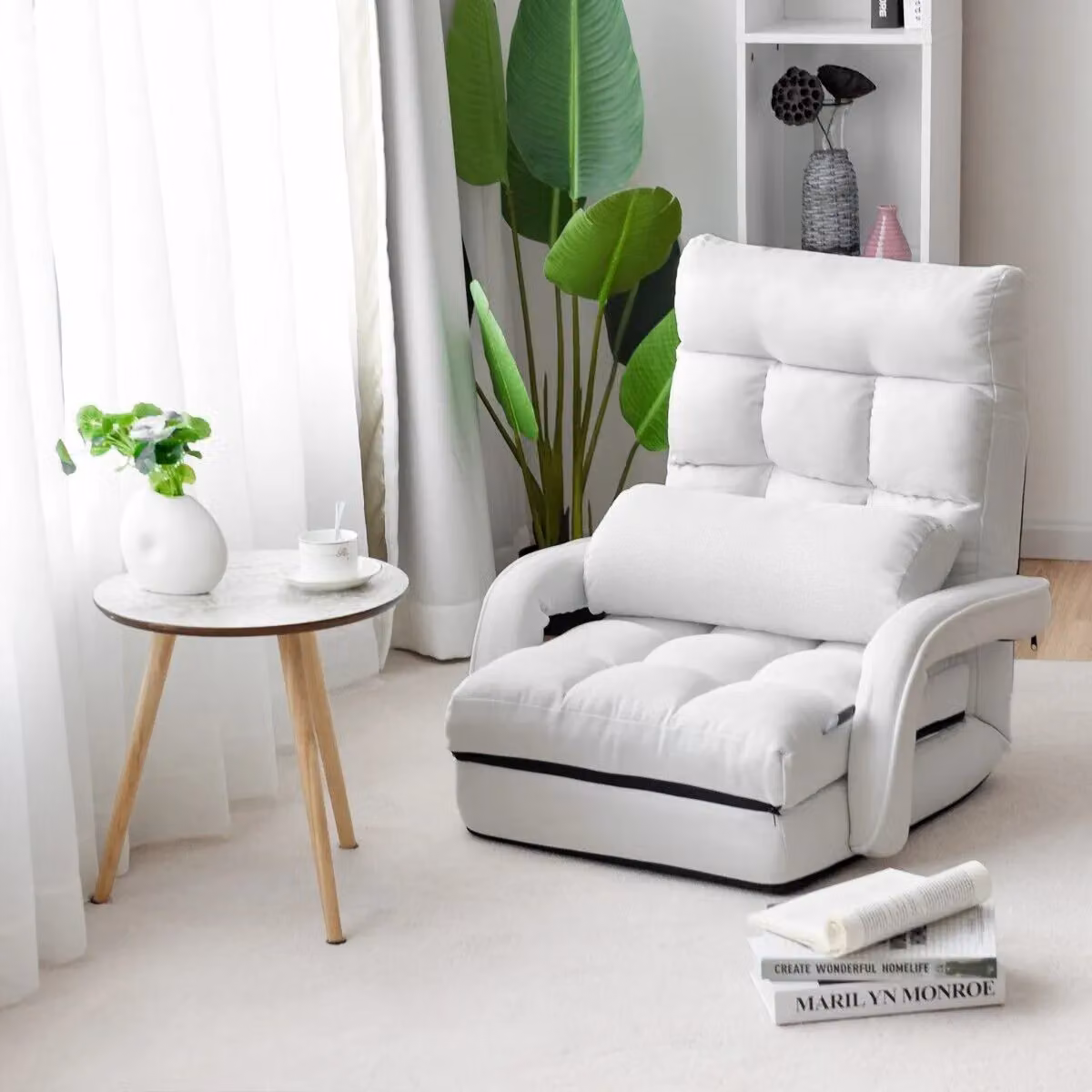 Gymax Adjustable Folding Sofa Floor Gaming Chair with Armrests and Headrest in White – 2