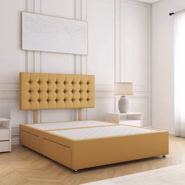 BSSPOKE Maria Small Double Plush Velvet Divan Bed with 24 inch Headboard and 4 Drawers in Mustard Yellow, W/D/H: 120 x 200 cm
