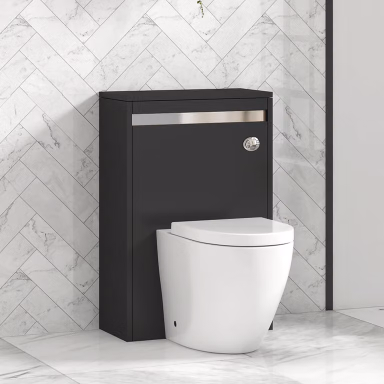 Royal Bathrooms Orion Matt Obsidian Black BTW WC Unit with Elva Rimless Ceramic Toilet Pan, Seat and Cistern with Chrome Accent Trim