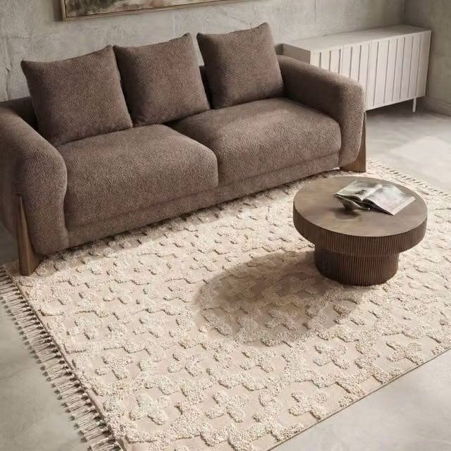 Wyld and Coco Beige Cotton Hand-Tufted Geometric Shag Rug, W: 140 cm, L: 200 cm – 1