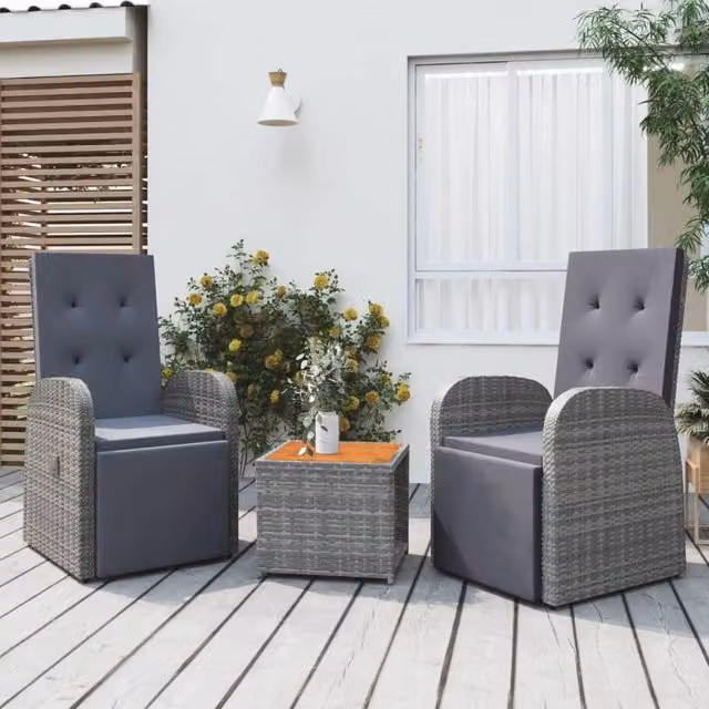 Berkfield Home 3 Piece Grey Poly Rattan and Acacia Wood Garden Lounge Set with Cushions – 1