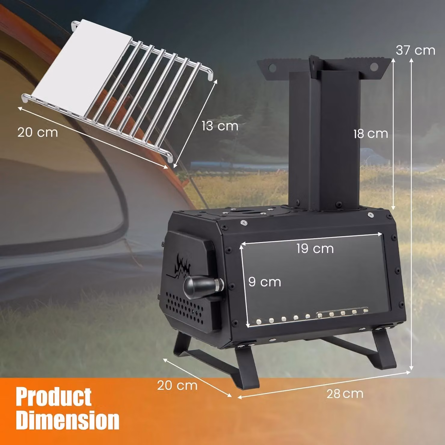 Gymax Portable Wood Burning Camping Stove Heater with 2 Cooking Positions, Black, W/D/H: 37.0 x 28.0 x 20.0 cm – 2