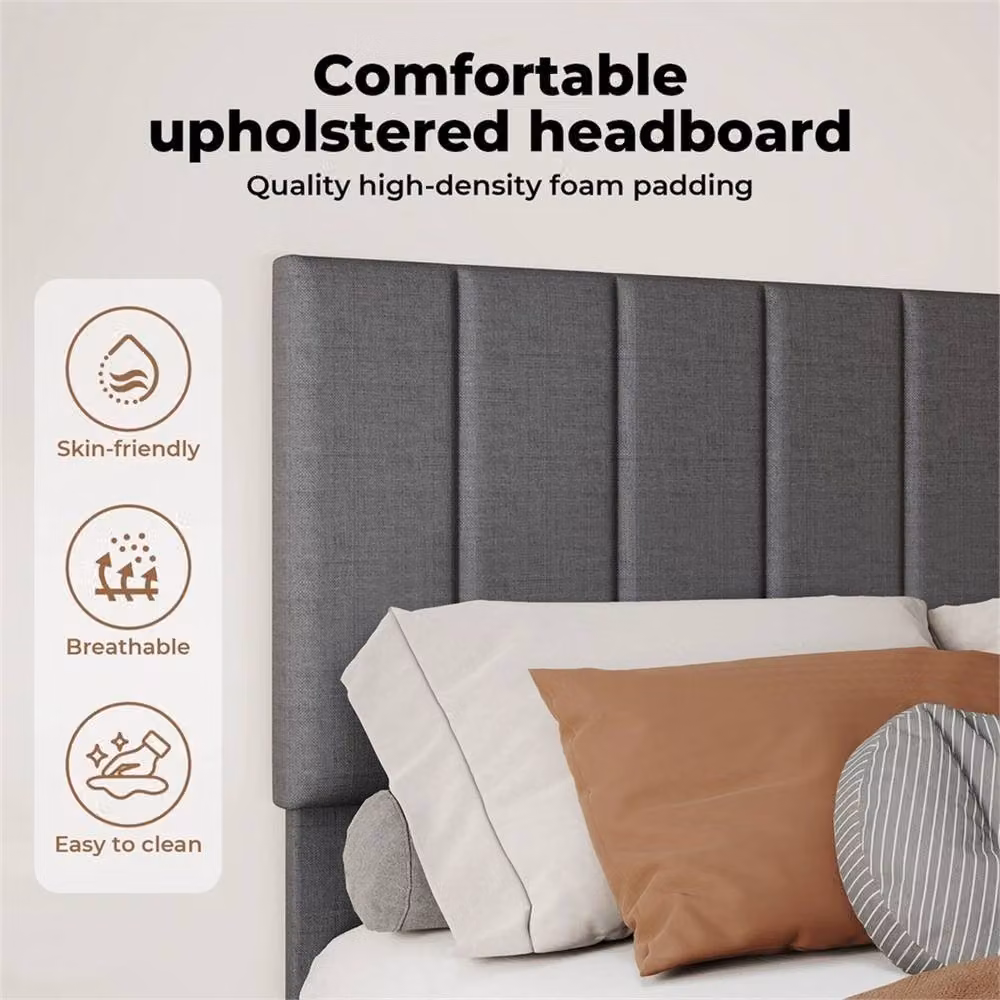 Nordara Double Size Linen Fabric Upholstered Bed Frame with Foam Headboard in Dark Grey, W/D/H: 140 x 200 cm – 5