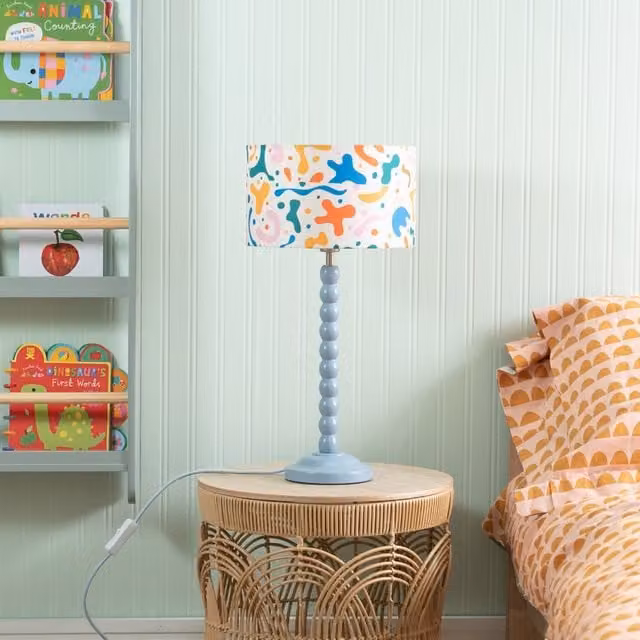 ValueLights Blue Bobbin Stem Table Lamp with Multicolour Fabric Drum Shade