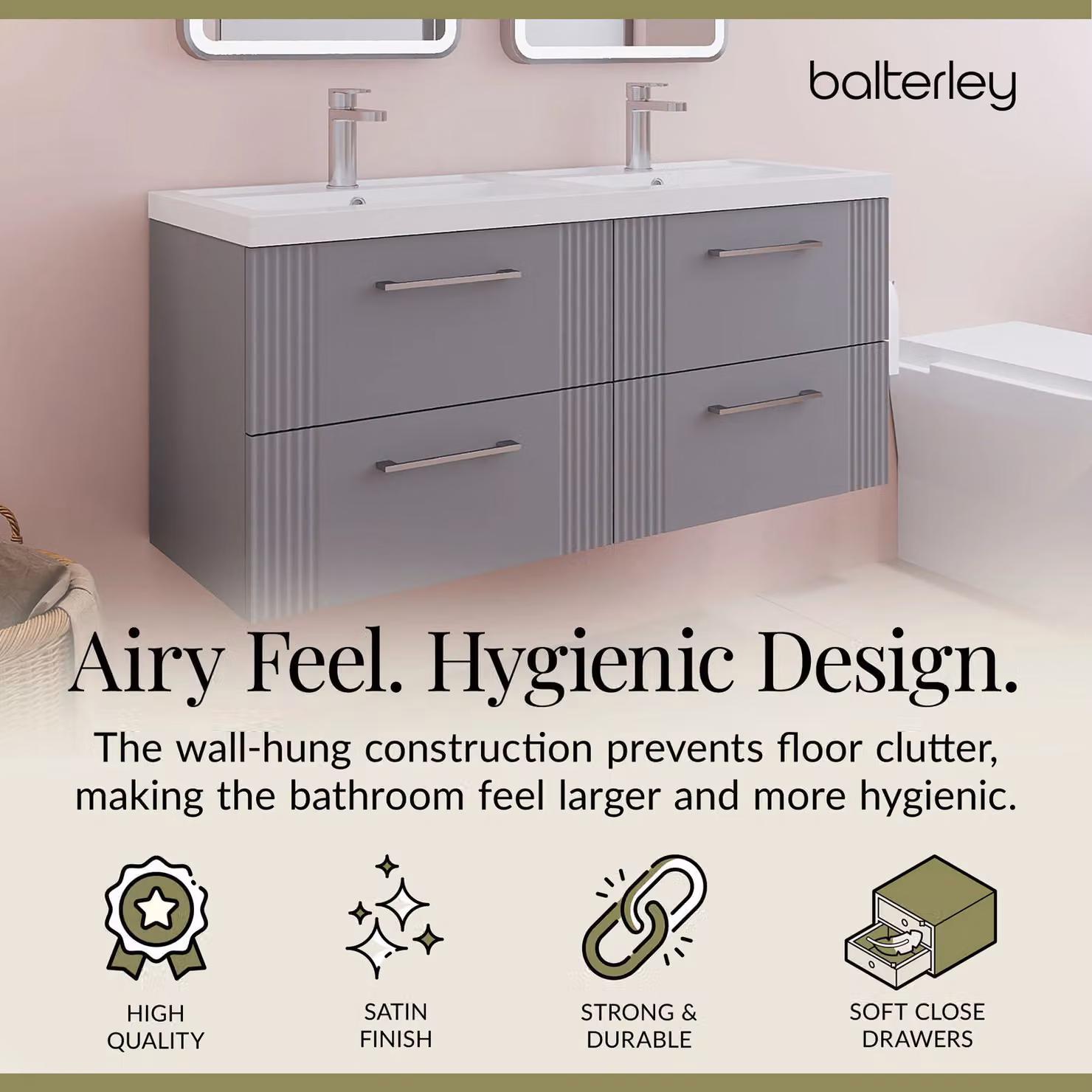 Balterley Wall Hung 4 Drawer Vanity Unit with 2 Polymarble Basins, Satin Grey, W: 120 cm – 2