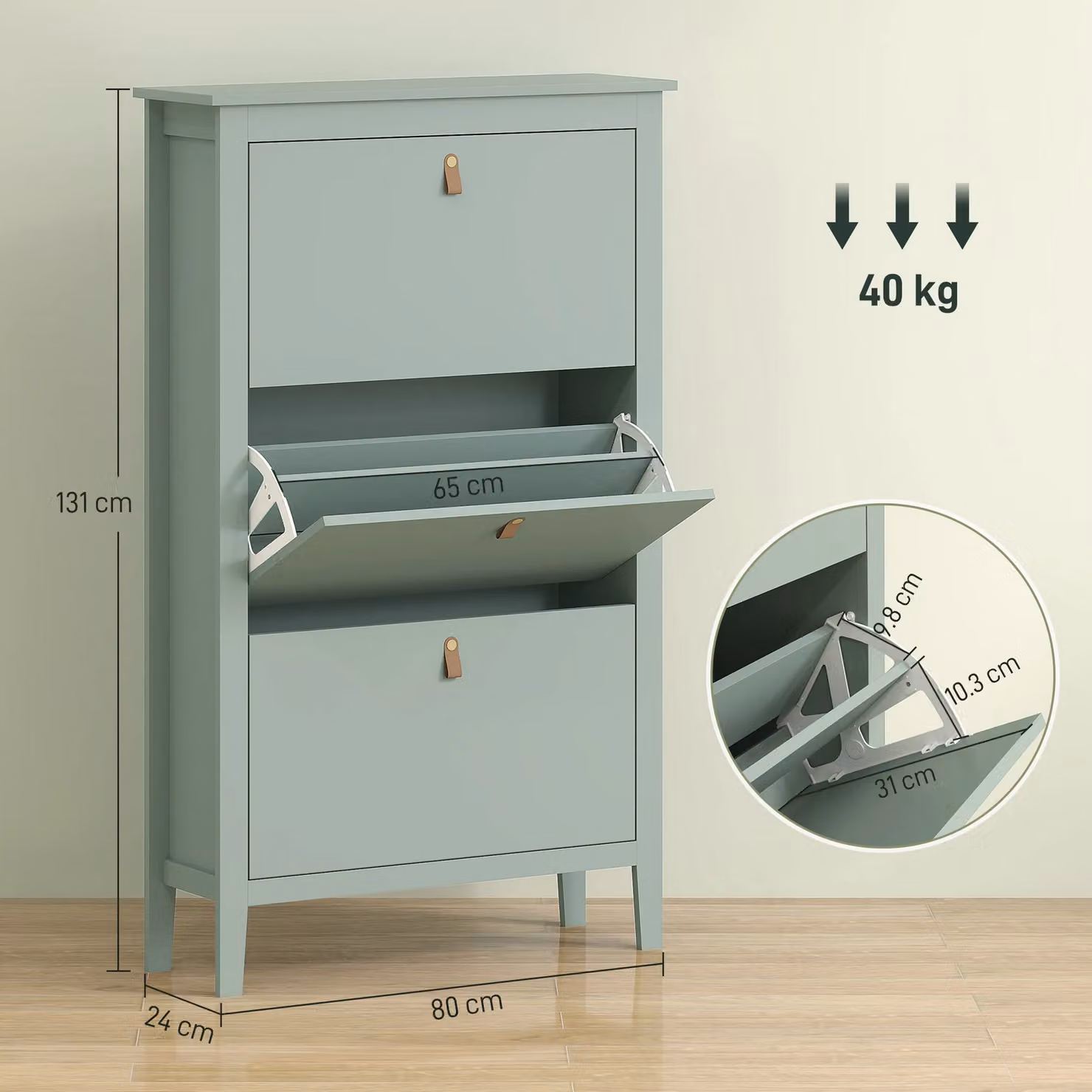 HOMCOM Modern 3 Drawer Shoe Cabinet with Tilting Compartments and Hinged Doors in Green, W/D/H: 80 x 24 x 131 cm – 2