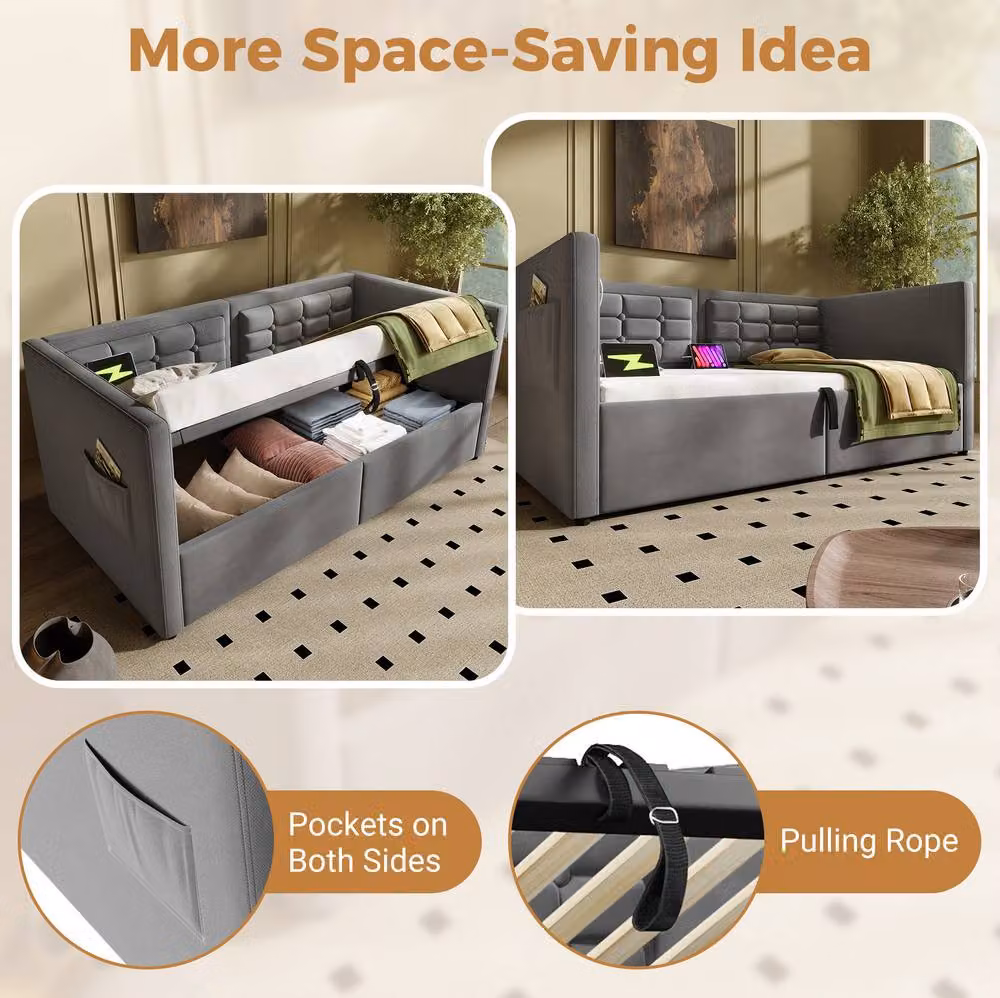 STILVORA Grey Velvet Upholstered Single Daybed with USB and Type-C Charging and Lift-Up Base, W/D/H: 90 x 190 cm – 3