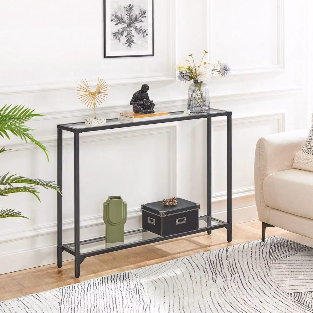 Korvixa Black Modern Square Console Table with Tempered Glass and Metal Frame, W/D/H: 100 x 100 cm – 2