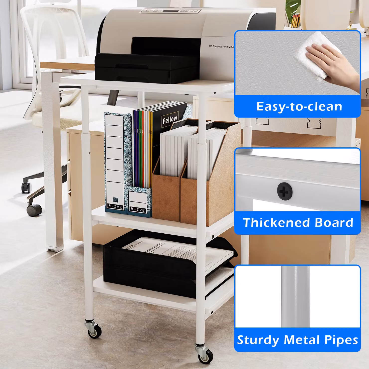Costway Height Adjustable 3-Tier Printer Stand with Shelves in White – 5