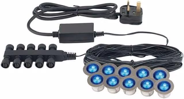 Loops IP67 Blue Round LED Decking Plinth Light Kit with 10 Stainless Steel Garden Lamps