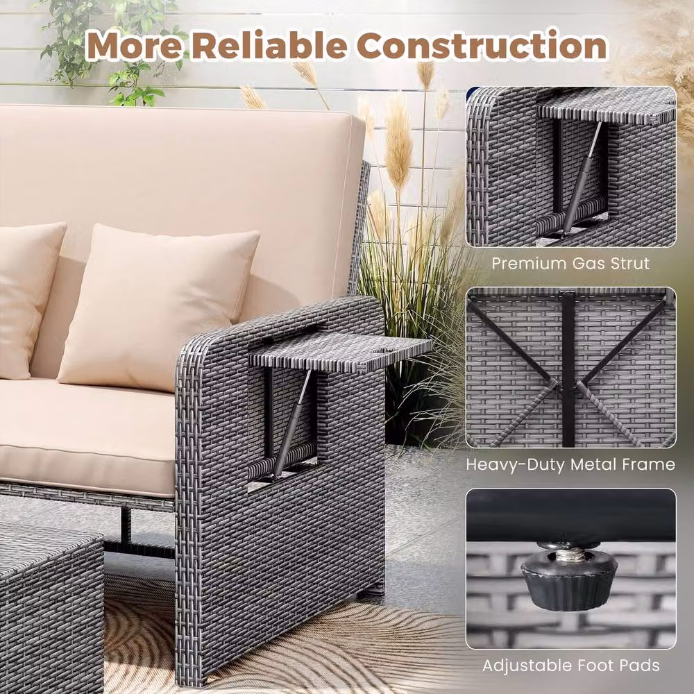 Costway 2-Piece Grey PE Wicker and Metal Patio Rattan Daybed Set with Adjustable Backrest – 5
