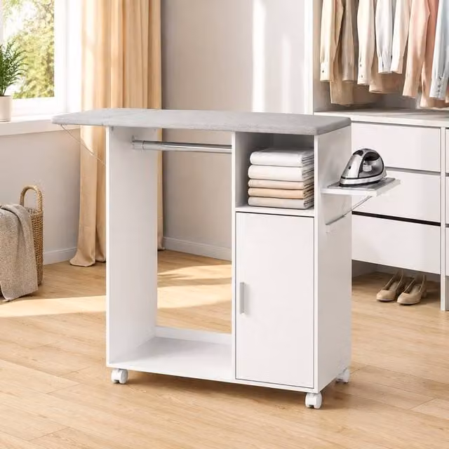 STILVORA Modern White Ironing Board Cabinet with Hanging Rail and Internal Storage – 1