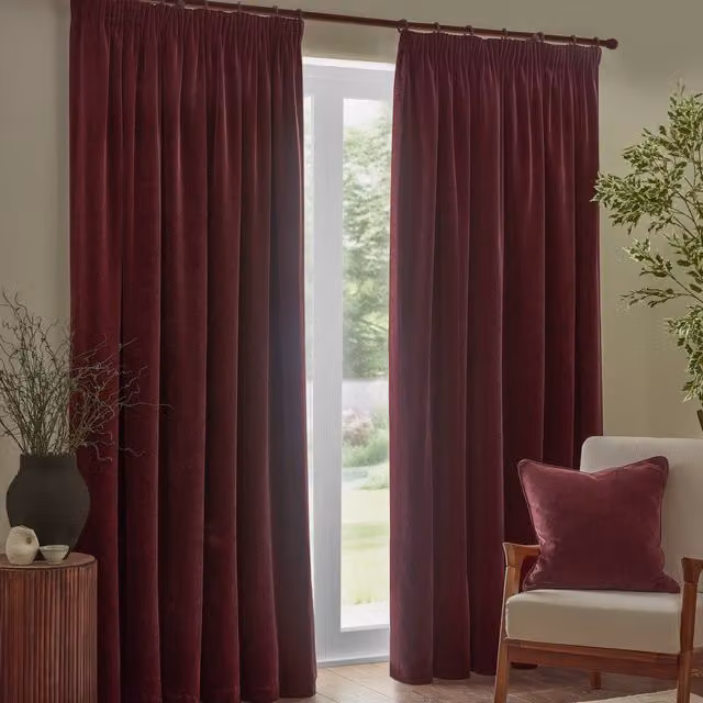 Yard Heavy Chenille Velvet Blackout Pencil Pleat Curtains in Red, Width: 168 cm, Drop: 229 cm – 1
