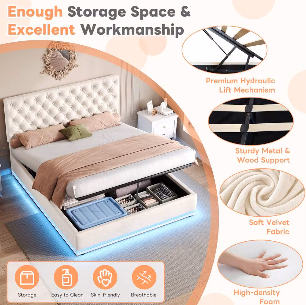 STILVORA Double Ottoman Bed in Beige Velvet with LED Under-Bed Lighting and Lift-Up Storage Base – 4