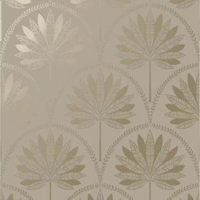 Holden Decor Tropical Palm Tree Leaves Feature Wallpaper in Grey, Gold and Silver