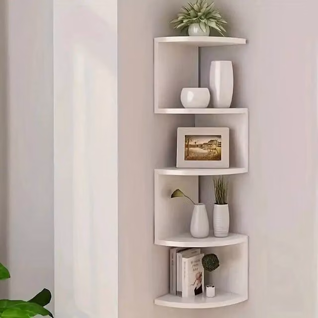 NESTLUNE White 5 Tier Floating Corner Shelf Wooden Storage Display, H 100 cm x W 15 cm x D 15 cm – 1