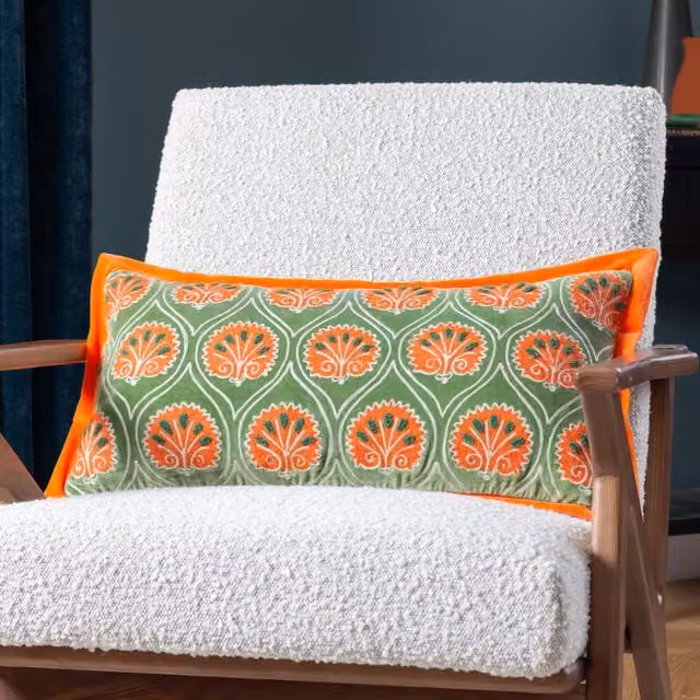 Paoletti Casa Floral Embroidered Rectangular Cushion in Green and Orange