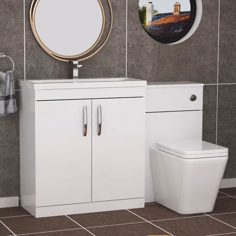 Royal Bathrooms Gloss White 1300mm 2 Door Vanity Unit with Mid Edge Basin and Slim Elena Back to Wall Toilet