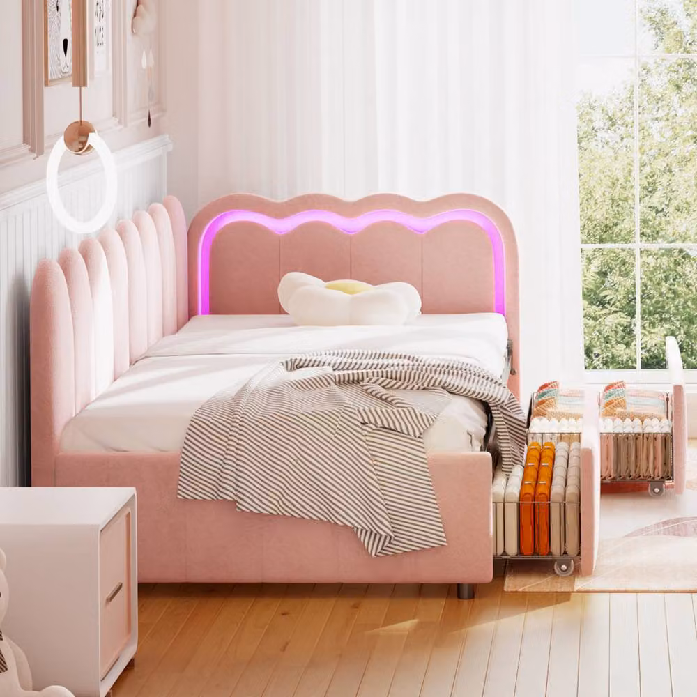 Merax Pink Velvet Single Daybed for Children with LED Lighting and 2 Storage Drawers, W/D/H: 90 x 190 cm – 3