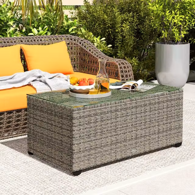 Outsunny Modern Rattan Side Table with Glass Top in Dark Grey