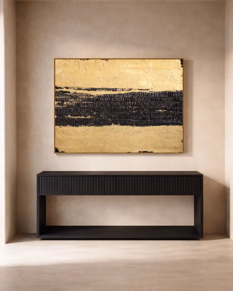 Boundless Wall Art by Tommy Franks, Abstract Modern Canvas Painting in Black and Gold, W: 120 cm, H: 120 cm