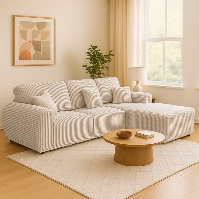 Furnishings For Less UK Vinci Chunky Cord 4 Seater Corner Sofa, Right Hand Facing, Grey, Beige or Ivory, W: 290 cm, D: 175 cm, H: 90 cm