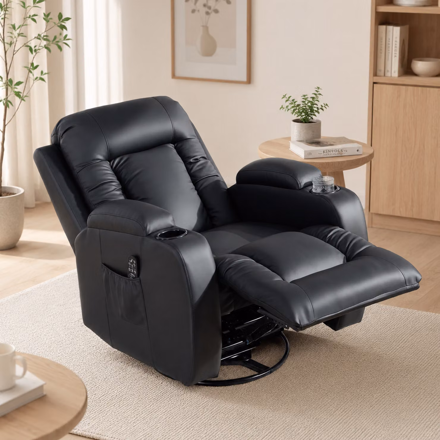 HOMCOM Black PU Leather Recliner Armchair with Extended Footrest, Cup Holders and Side Pockets – 7