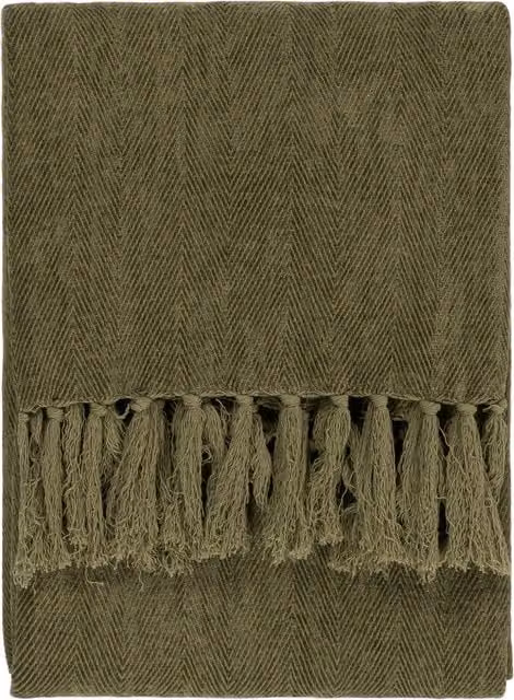 Harri Herringbone Woven Fringed Throw in Green Lichen