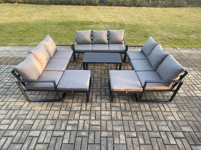 Fimous 11 Seater Outdoor Garden Furniture Set with Powder Coated Aluminium Frame, 3 Seater Sofa, Oblong Coffee Table and Ottomans in Dark Grey