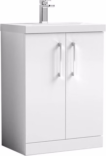 Balterley Modern Gloss White Floor Standing Bathroom Vanity Unit with 2 Soft-Close Doors and Mid-Edge Basin, W/D/H: 60 x 39 x 84 cm