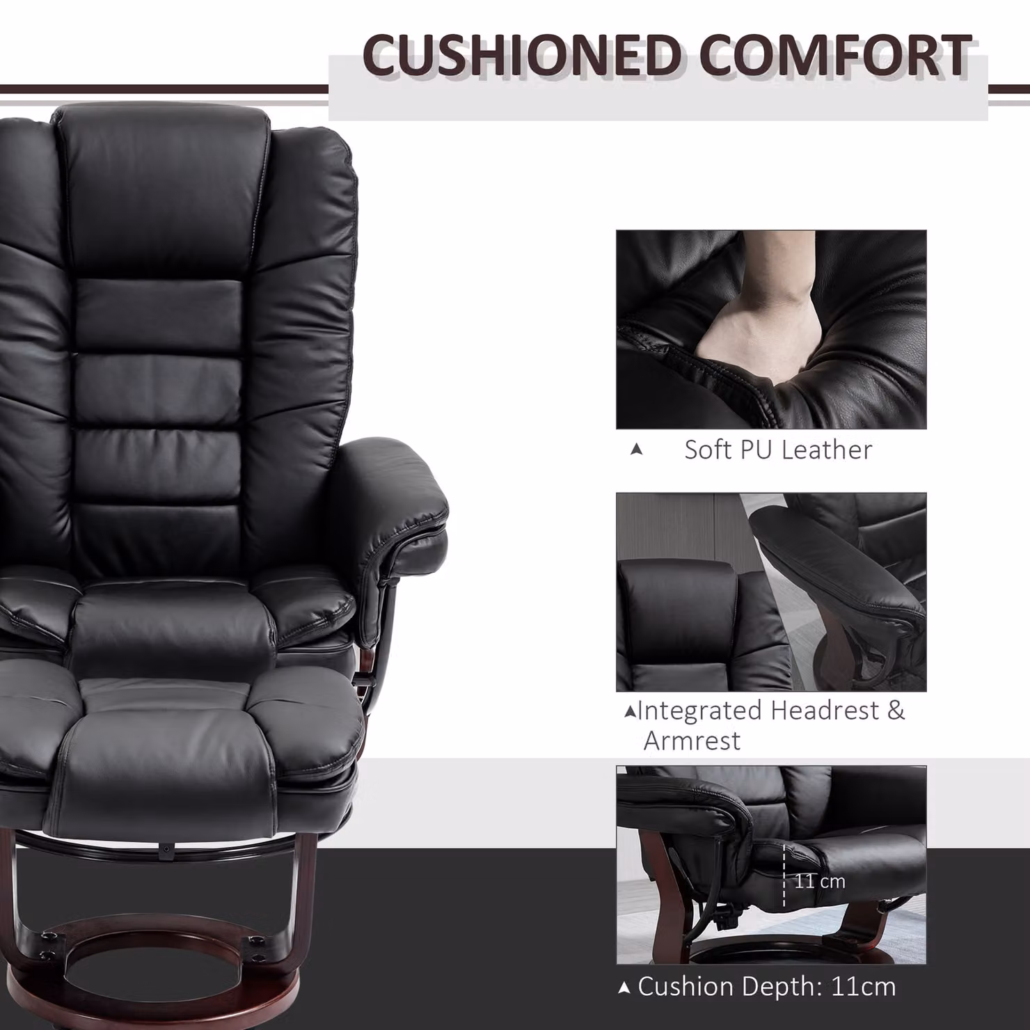 HOMCOM Black PU Leather Manual Recliner and Footrest Set with 360 Degree Swivel Wood Base – 6