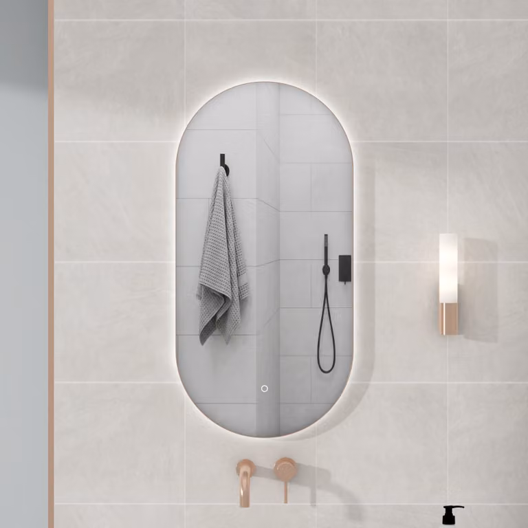Royal Bathrooms Luton Oval Backlit LED Illuminated Framed Mirror with Demister Pad and Touch Sensor in Brushed Bronze, W: 45 cm, H: 90 cm