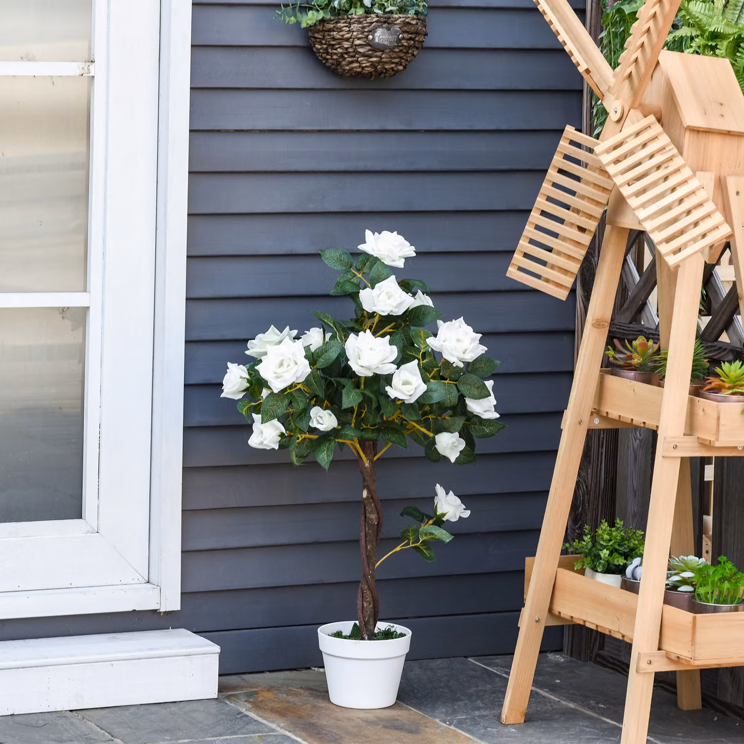 Outsunny Set of 2 White Artificial Rose Plants in Pots, Height: 90 cm – 5