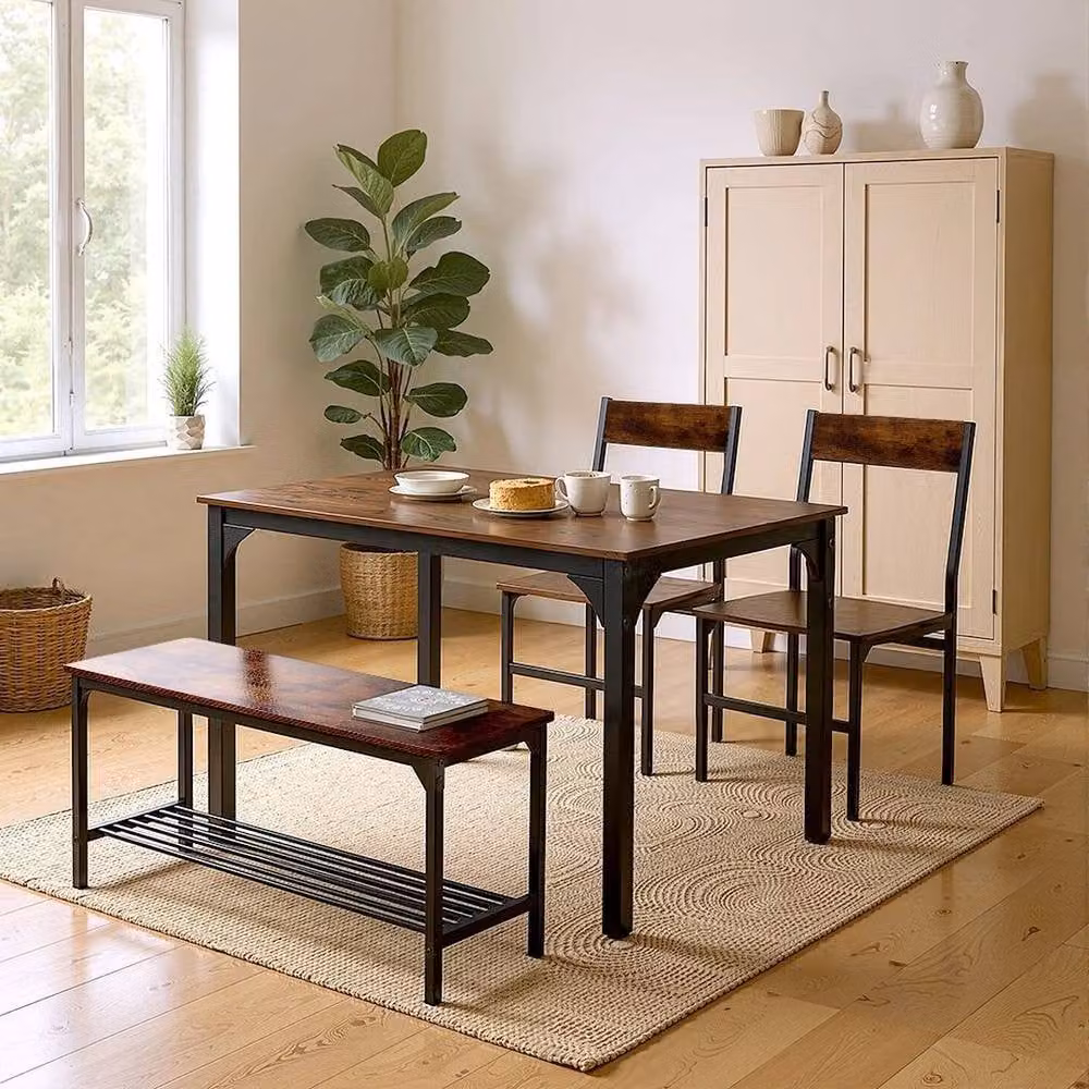 KORVIXA Industrial Dining Set with Square Wood Table, 2 Stools and 1 Bench, Brown, W/D/H: 100 x 100 x 75 cm – 4