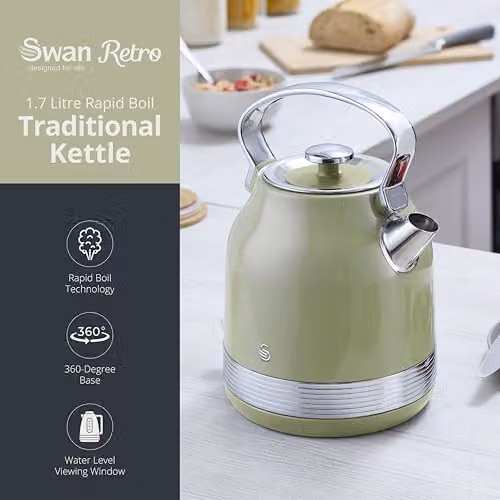 Swan SK14631GRN Retro Traditional Kettle in Green and Stainless Steel, 1.7 l, 3 kW, with Removable Limescale Filter – 2