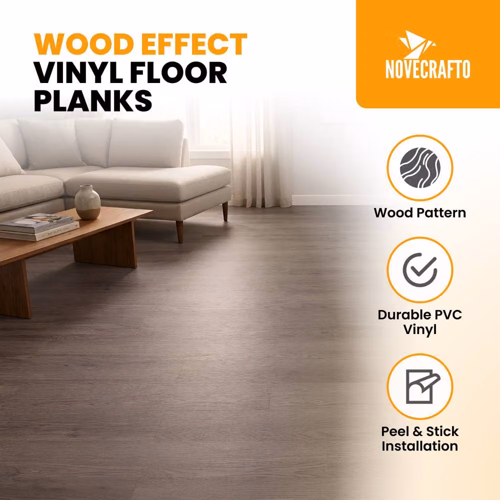 Novecrafto Self Adhesive Wood Look Vinyl Floor Planks, Grey, Pack of 10, W: 91.4 cm, D: 15.2 cm – 2