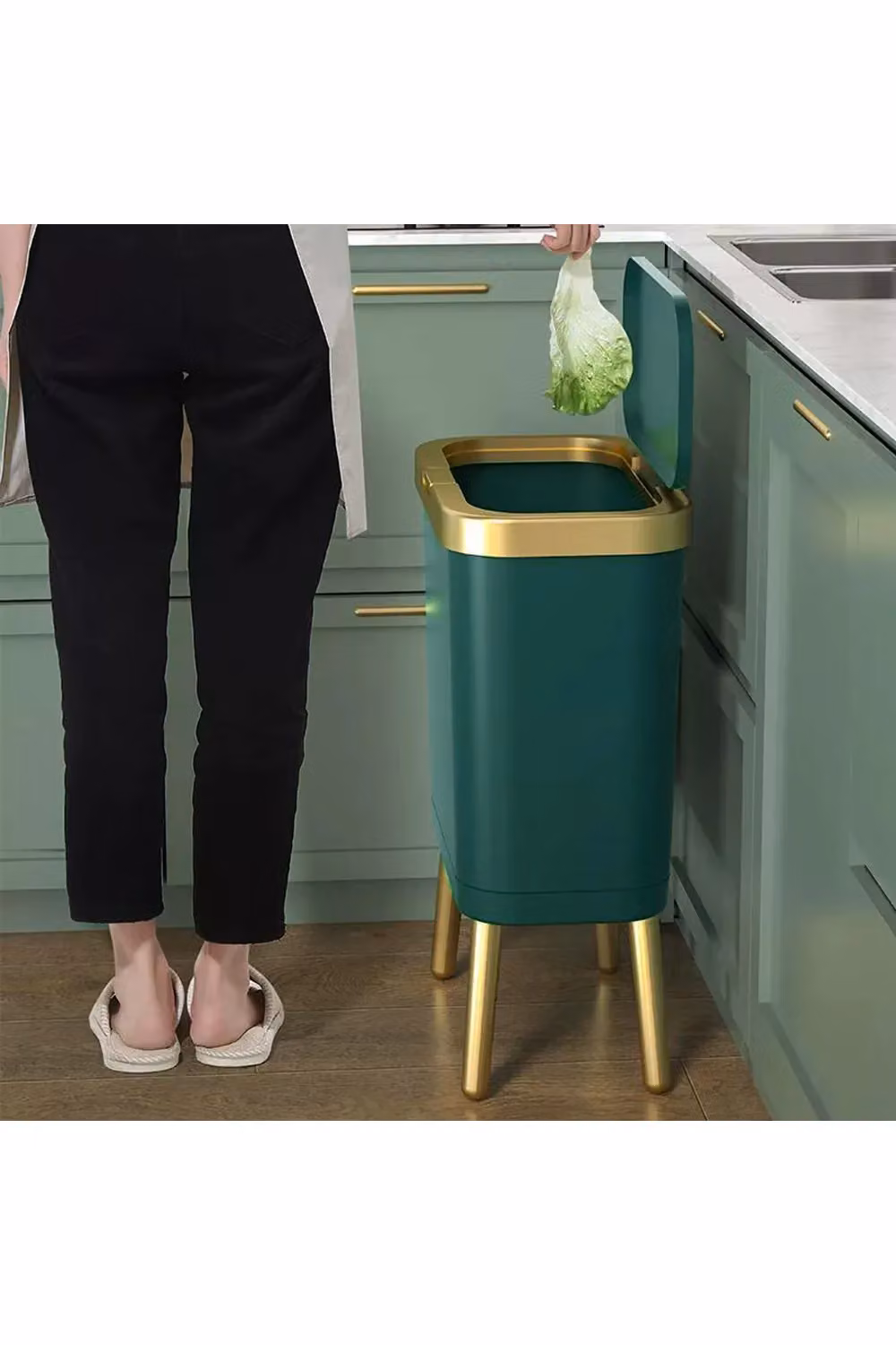 Living and Home Green and Gold Pedal Rubbish Bin with Lid and Ventilated Design – 3