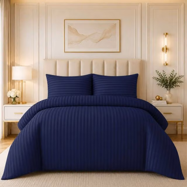 Grace Embossed Satin Stripe Microfibre Duvet Cover Set in Blue, Single (W: 135 cm, H: 200 cm, D: 90 cm) – 1