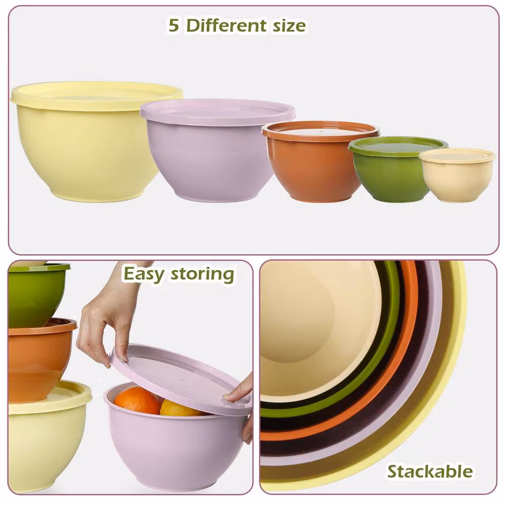 Greentainer 5-Piece Multicolour Nesting Plastic Mixing and Salad Bowls with Lids – 3