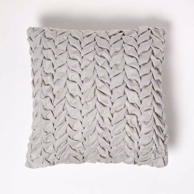 Homescapes Grace Pleated Pink and Grey Velvet Square Cushion, W/D/H: 45 x 45 x 45 cm