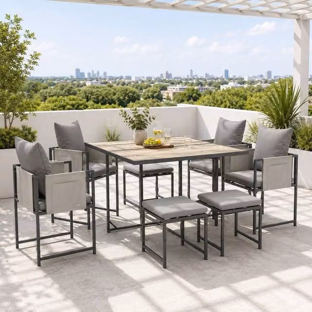 STILVORA 9-Piece Modern Dining Set with Powder Coated Steel Frame in Grey