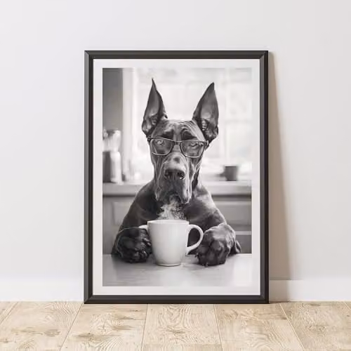60 Second Makeover Funny Great Dane Drinking Coffee Paper Poster, Multicolour, A4